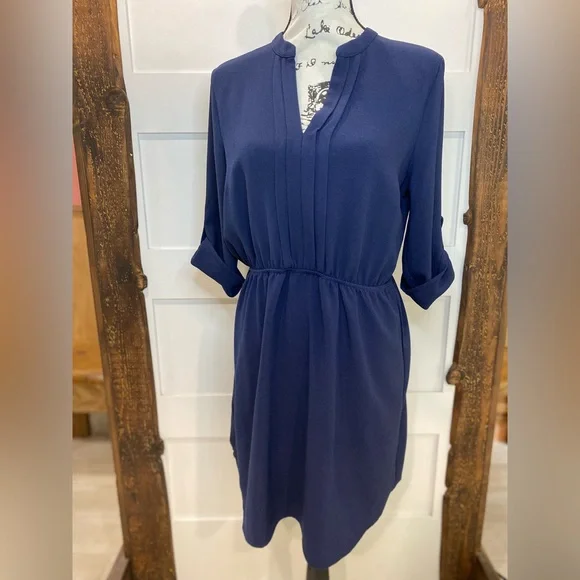 Monteau Blue V-Neck Dress Womens Large Casual Short Sleeve Cuffed Style